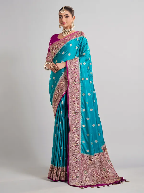 Aqua satin silk saree with traditional gota and zari work