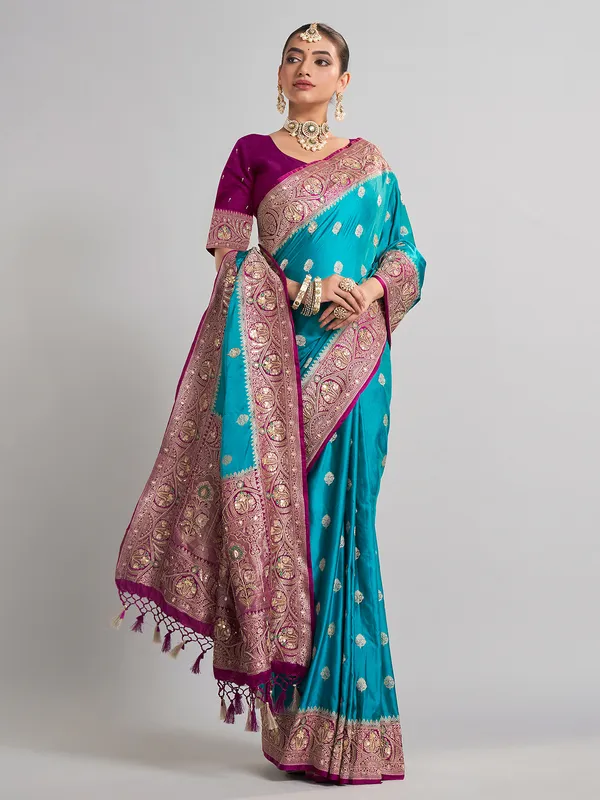 Aqua satin silk saree with traditional gota and zari work