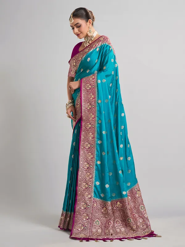 Aqua satin silk saree with traditional gota and zari work