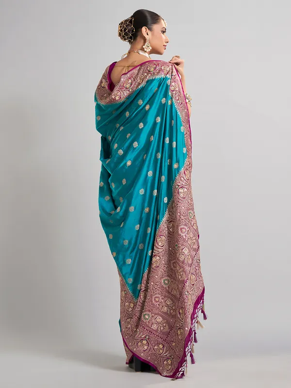 Aqua satin silk saree with traditional gota and zari work