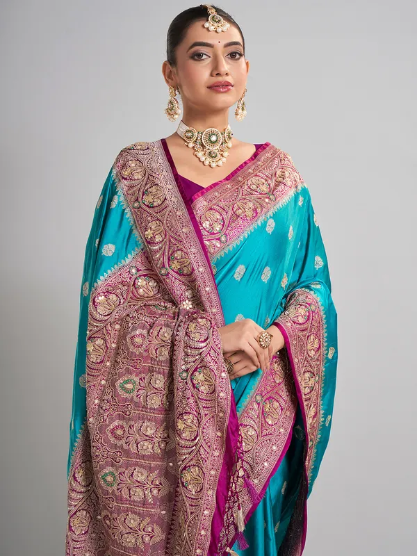 Aqua satin silk saree with traditional gota and zari work