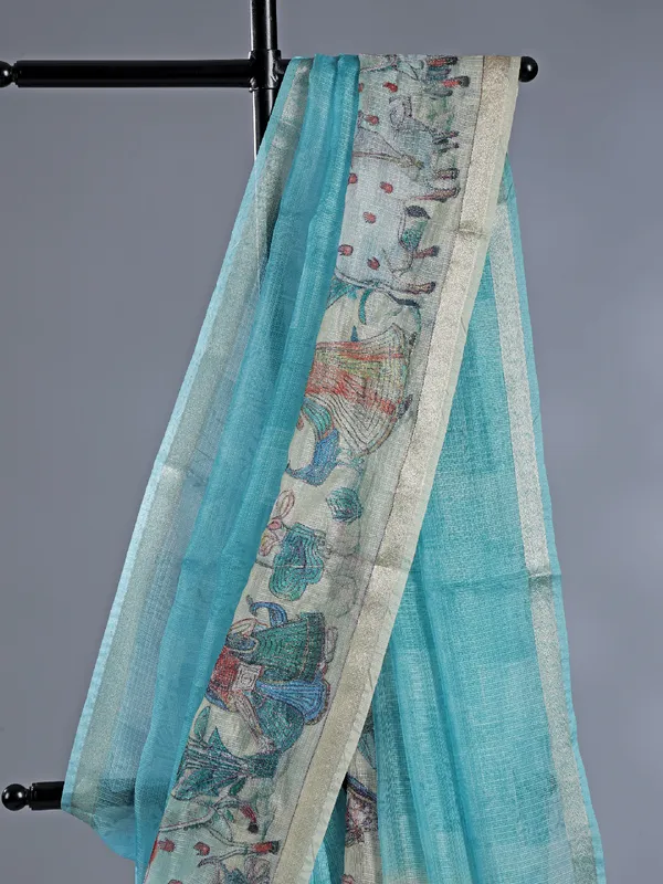 Aqua semi cotton saree with zari weaving
