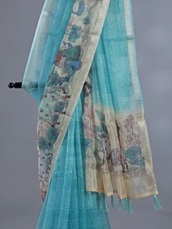 Aqua semi cotton saree with zari weaving