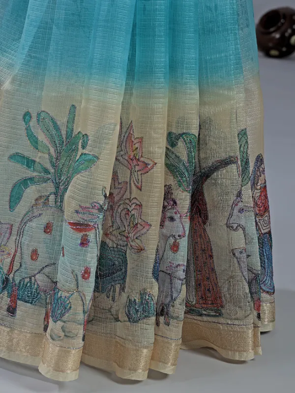 Aqua semi cotton saree with zari weaving