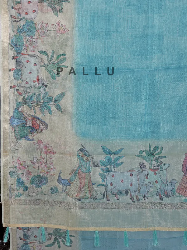 Aqua semi cotton saree with zari weaving