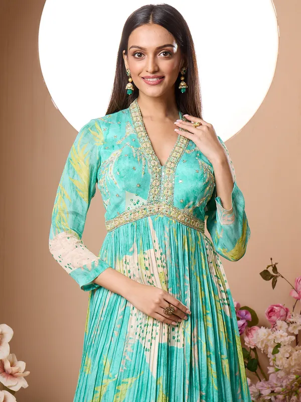 Aqua shade anarkali style salwar suit for women