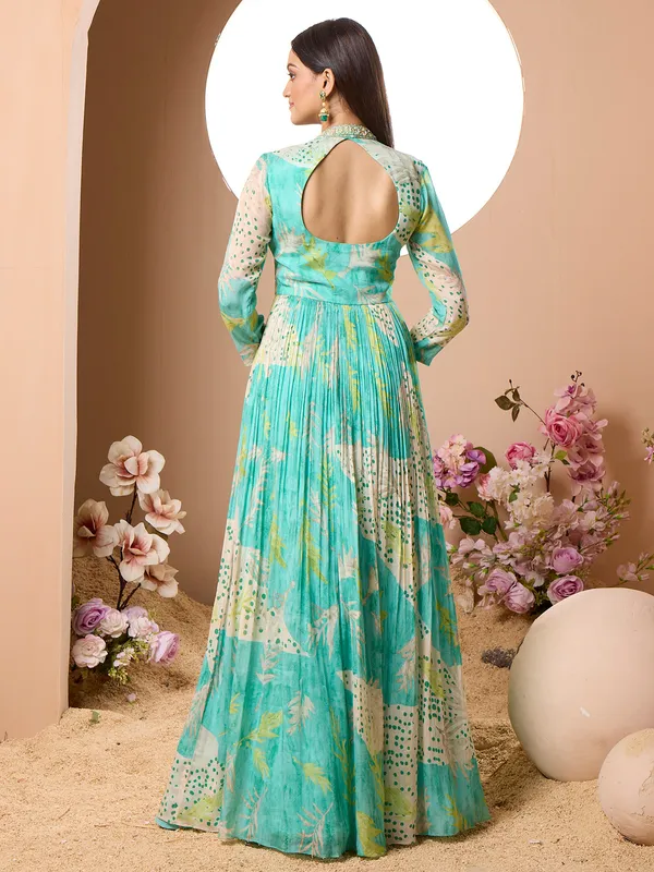 Aqua shade anarkali style salwar suit for women