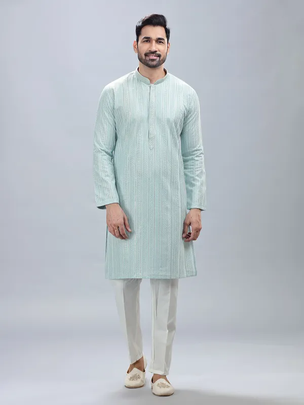 Aqua shade georgette kurta set for men