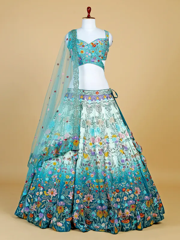 Aqua shaded raw silk lehenga choli