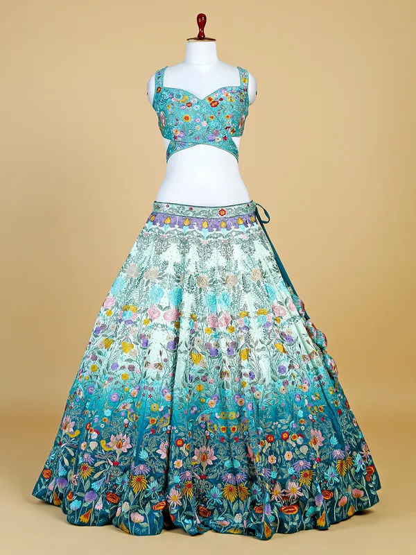 Aqua shaded raw silk lehenga choli