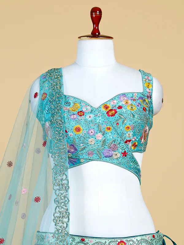 Aqua shaded raw silk lehenga choli