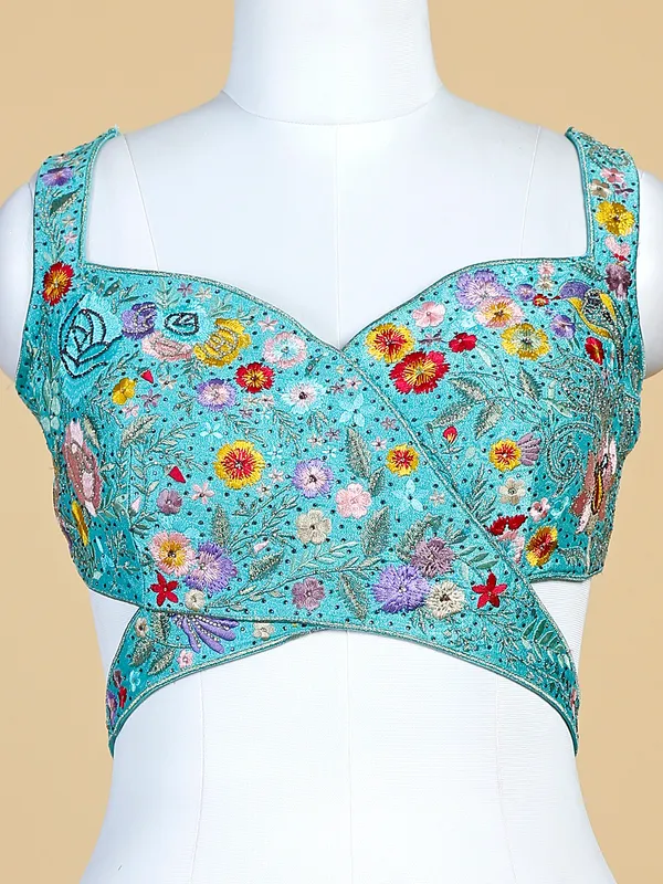 Aqua shaded raw silk lehenga choli