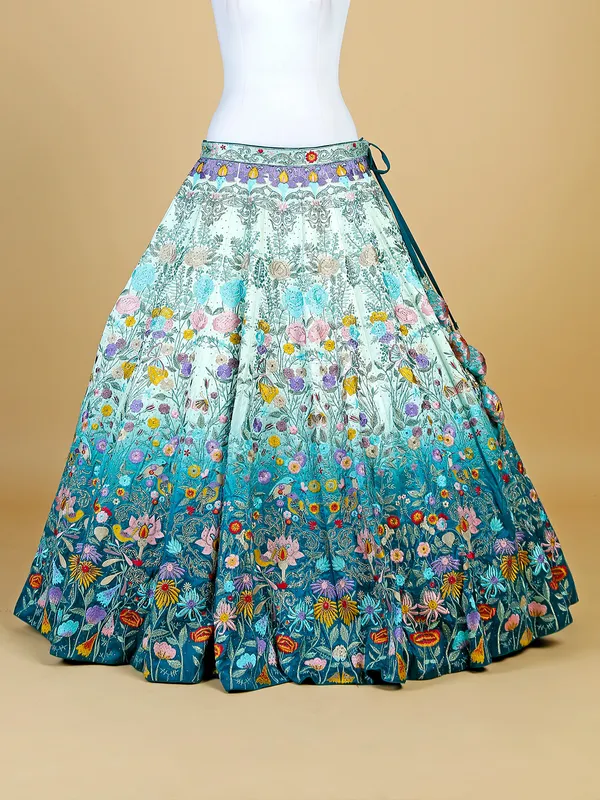 Aqua shaded raw silk lehenga choli