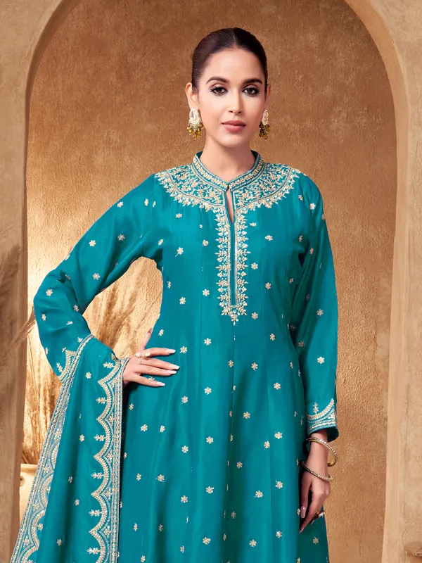 Aqua silk collar neck anarkali suit