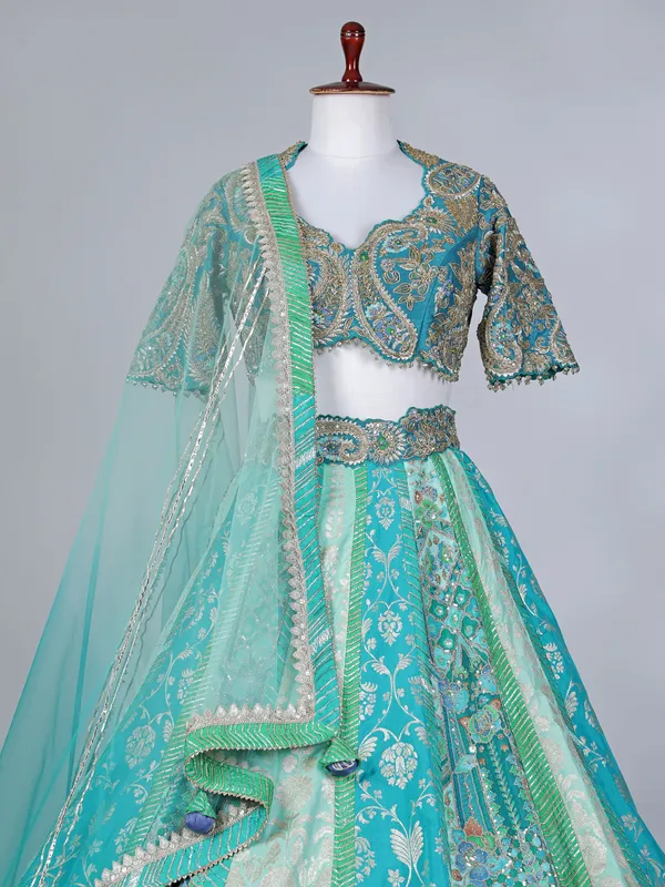 Aqua silk embroidered zardosi lehenga choli