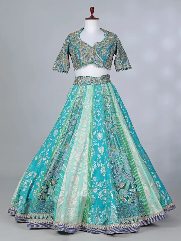 Aqua silk embroidered zardosi lehenga choli