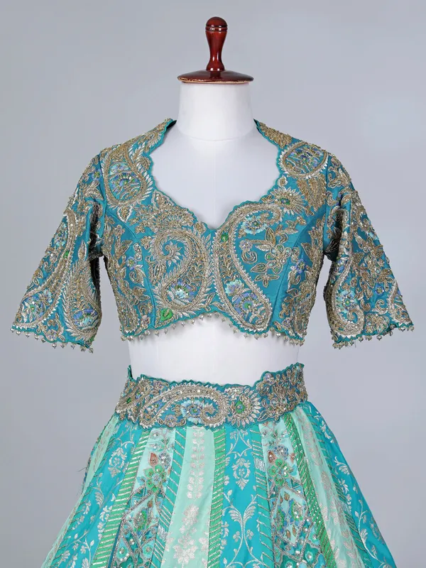 Aqua silk embroidered zardosi lehenga choli