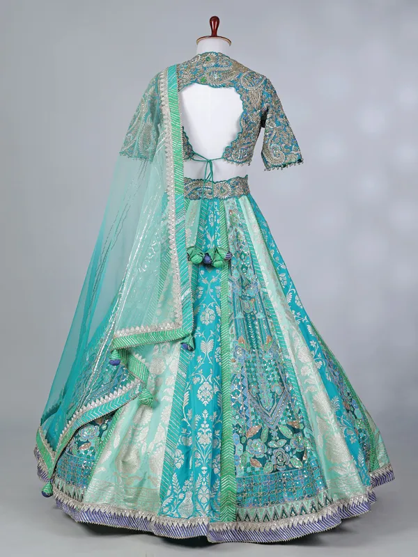 Aqua silk embroidered zardosi lehenga choli
