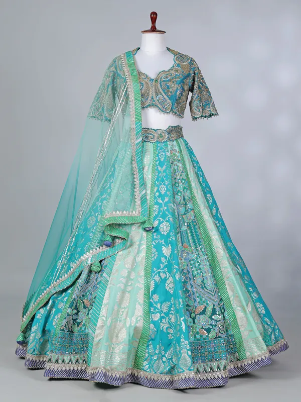 Aqua silk embroidered zardosi lehenga choli