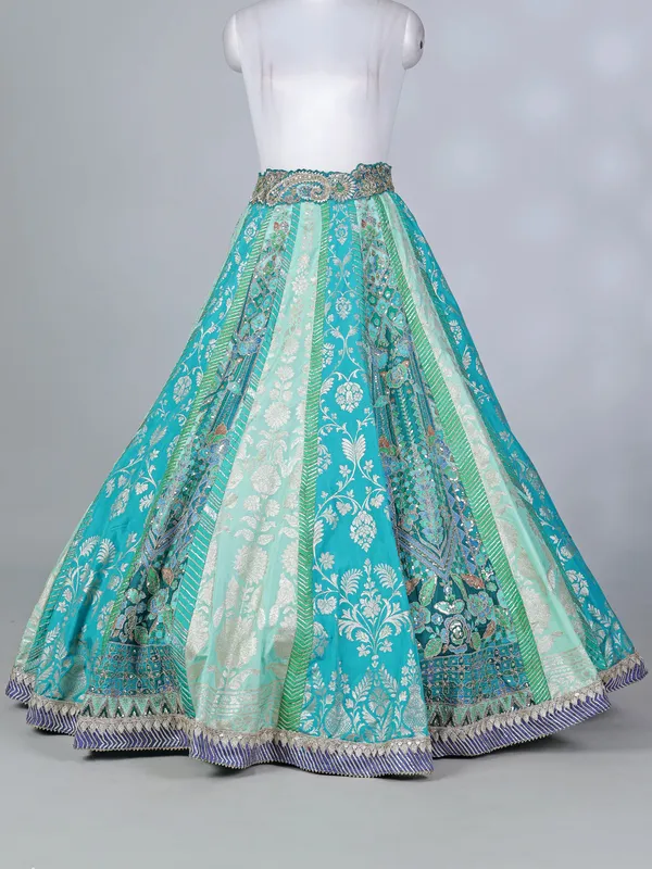 Aqua silk embroidered zardosi lehenga choli