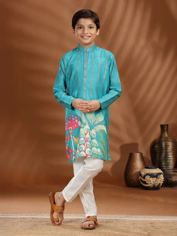 Aqua silk kurta pajama in printed