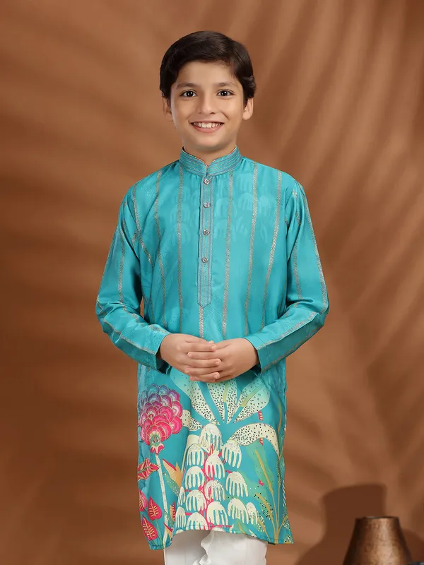Aqua silk kurta pajama in printed