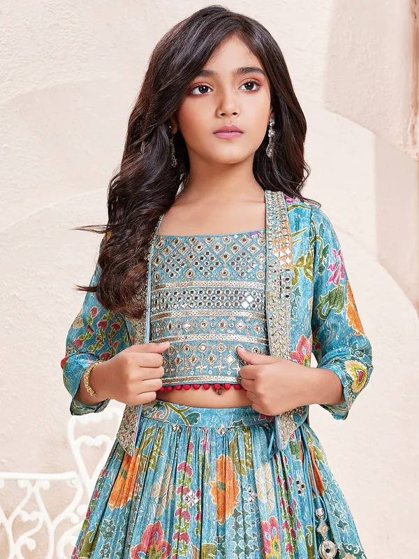 Aqua silk lehenga choli with  print