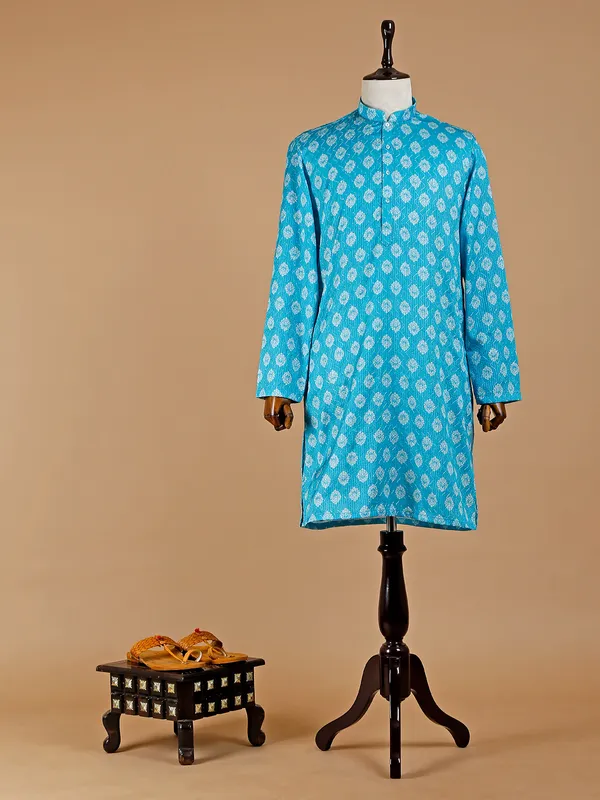 Aqua silk printed full sleeves kurta