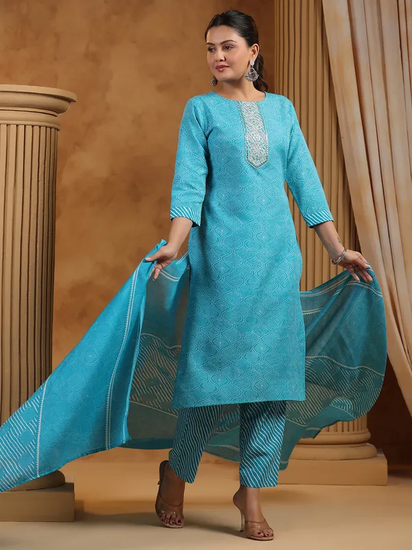 Aqua silk printed kurti set for women