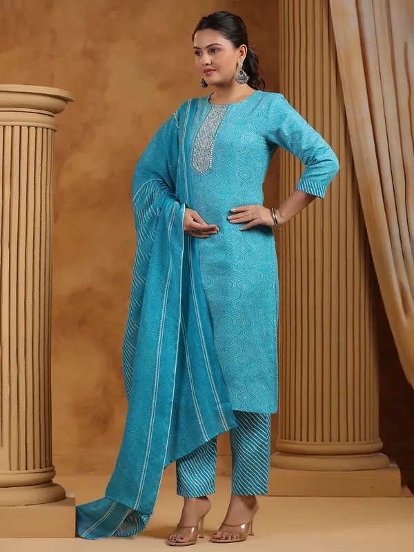Aqua silk printed kurti set for women