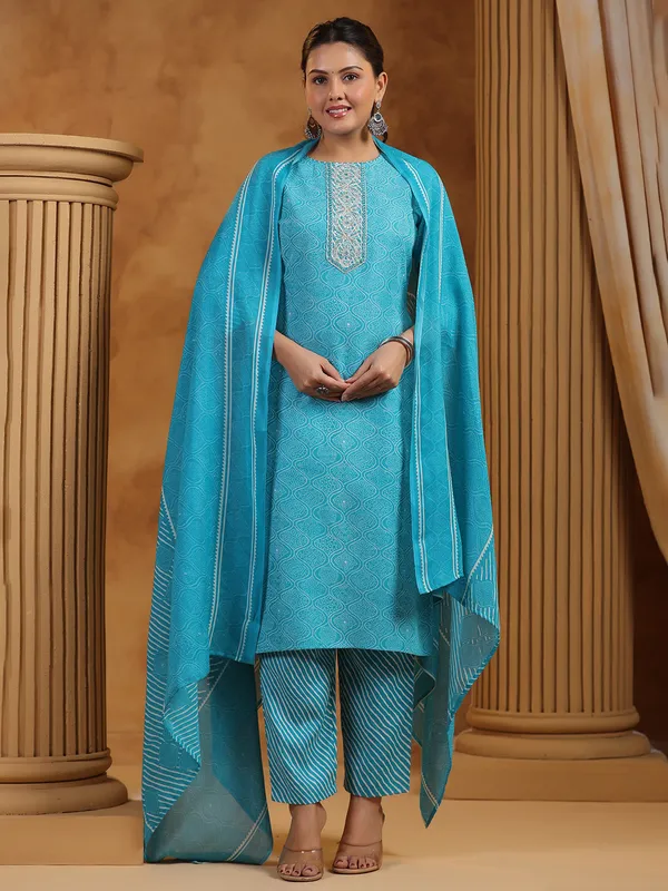 Aqua silk printed kurti set for women