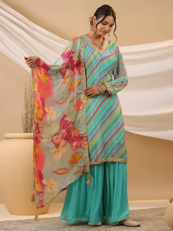 Aqua silk printed sharara set with dupatta