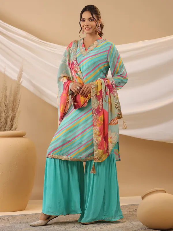 Aqua silk printed sharara set with dupatta