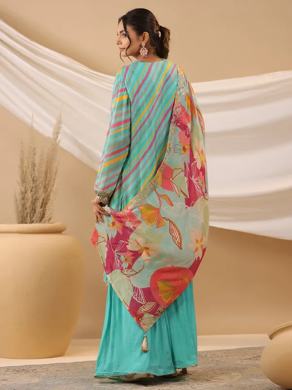 Aqua silk printed sharara set with dupatta