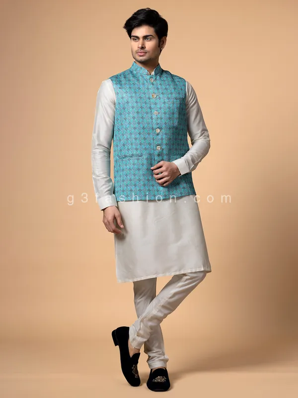 Aqua silk printed waistcoat set