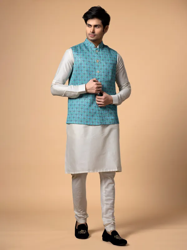 Aqua silk printed waistcoat set