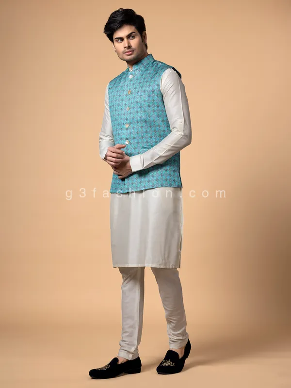 Aqua silk printed waistcoat set