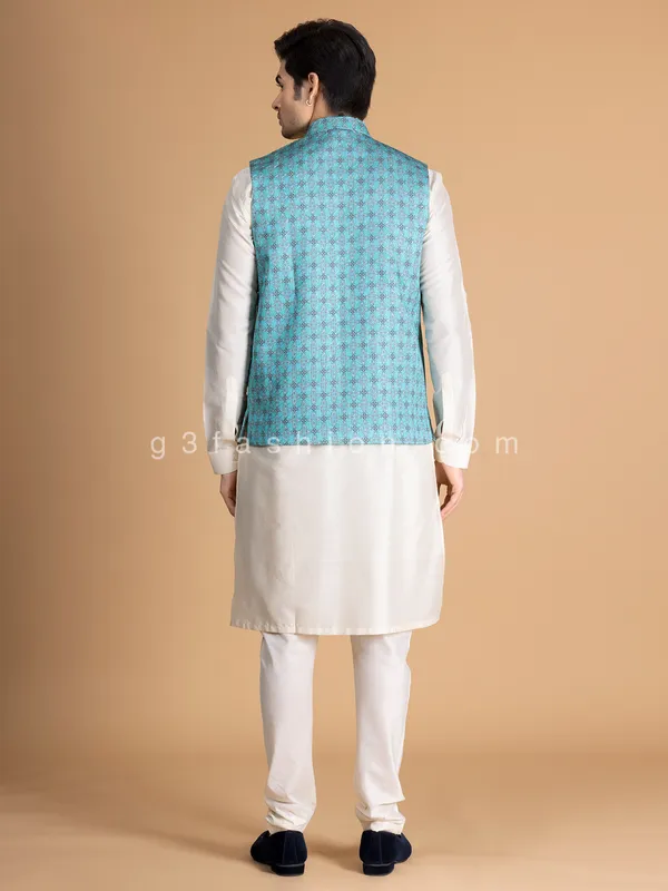 Aqua silk printed waistcoat set