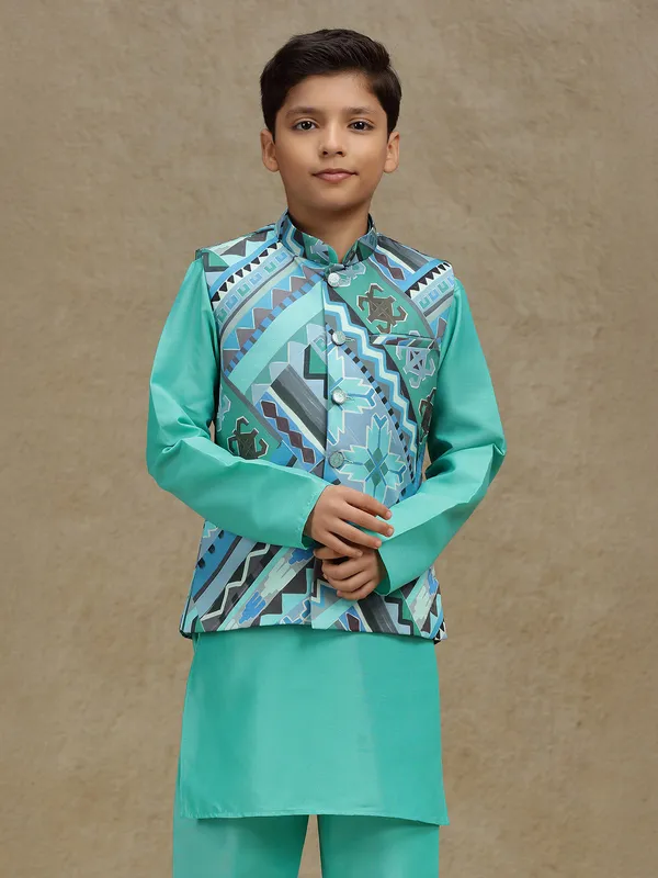 Aqua silk printed waistcoat set for boys