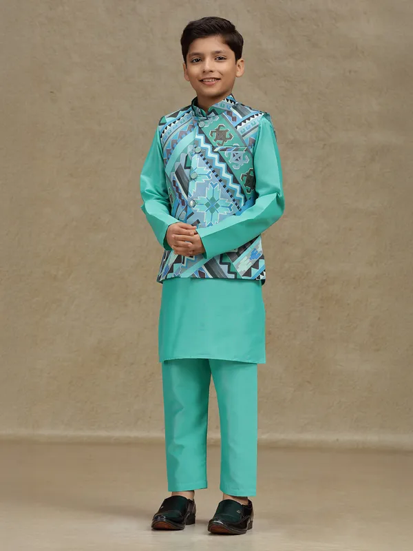 Aqua silk printed waistcoat set for boys