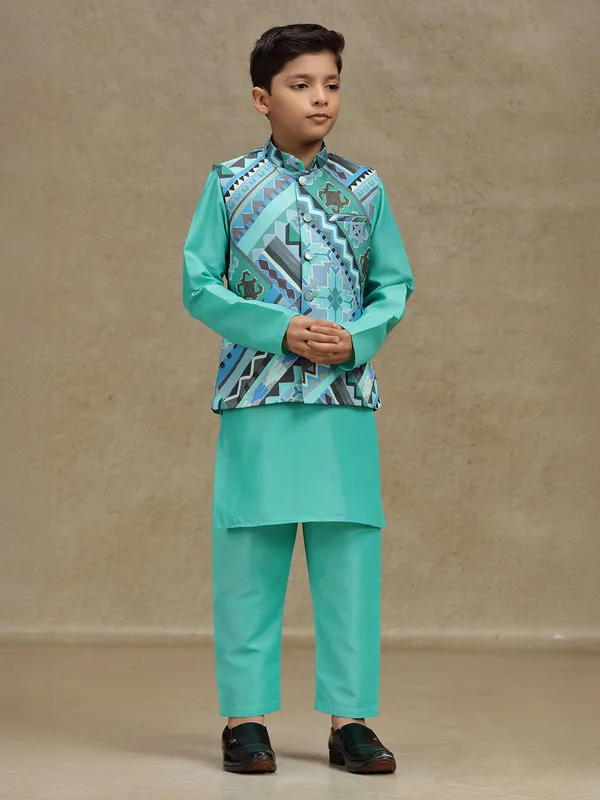 Aqua silk printed waistcoat set for boys