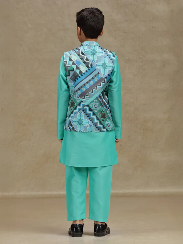 Aqua silk printed waistcoat set for boys