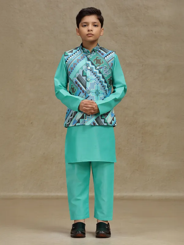 Aqua silk printed waistcoat set for boys