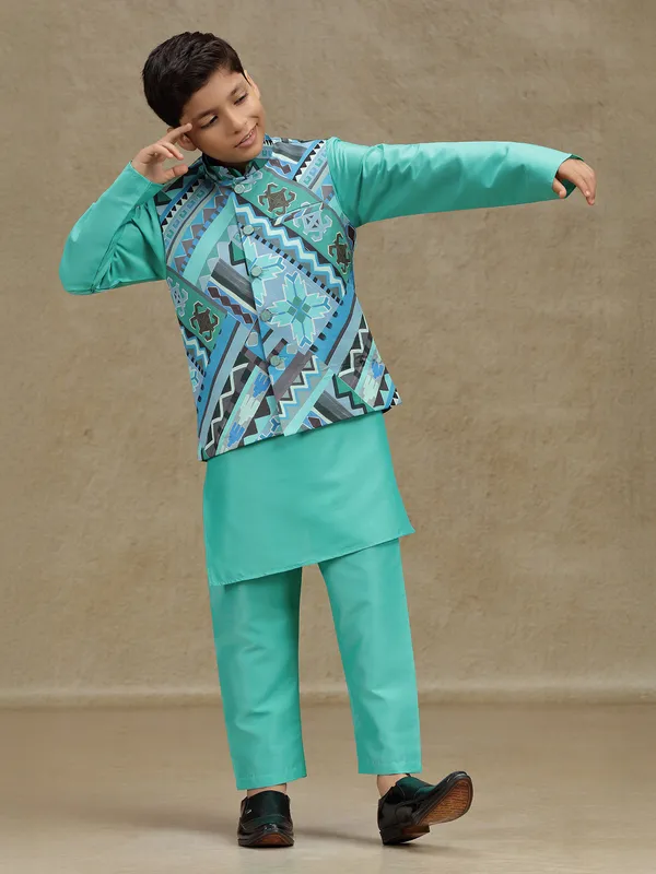Aqua silk printed waistcoat set for boys