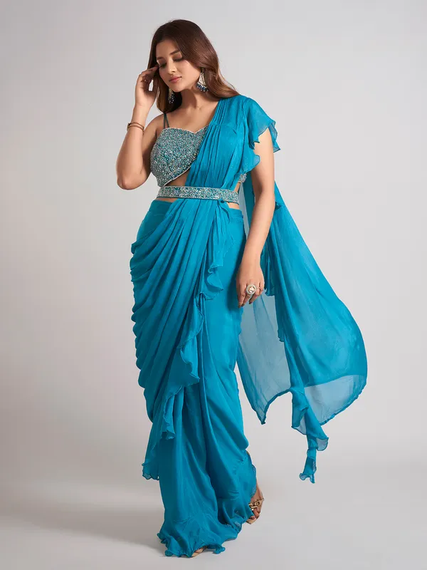 Aqua silk ready to wear saree for party wear