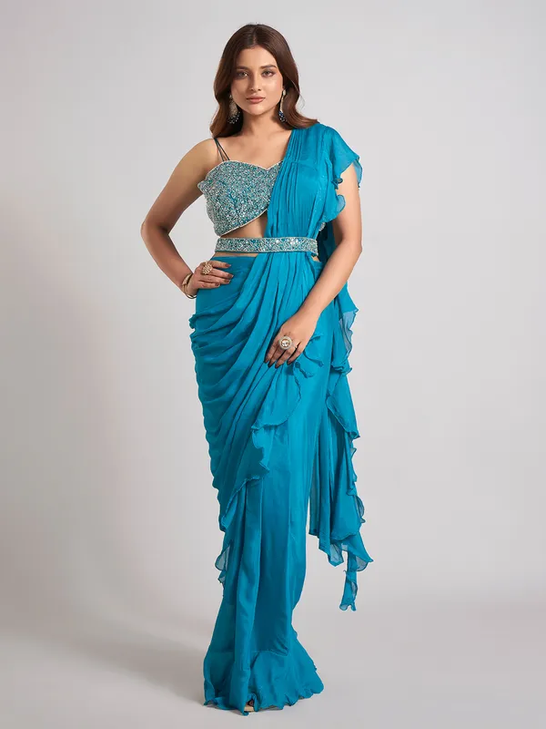 Aqua silk ready to wear saree for party wear