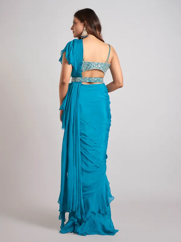 Aqua silk ready to wear saree for party wear