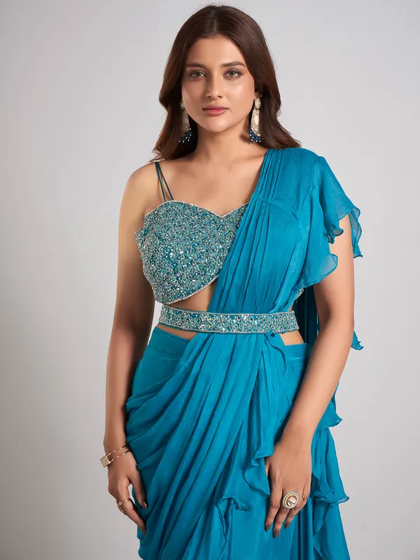 Aqua silk ready to wear saree for party wear