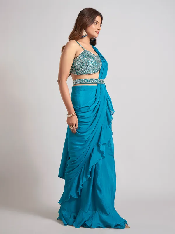 Aqua silk ready to wear saree for party wear