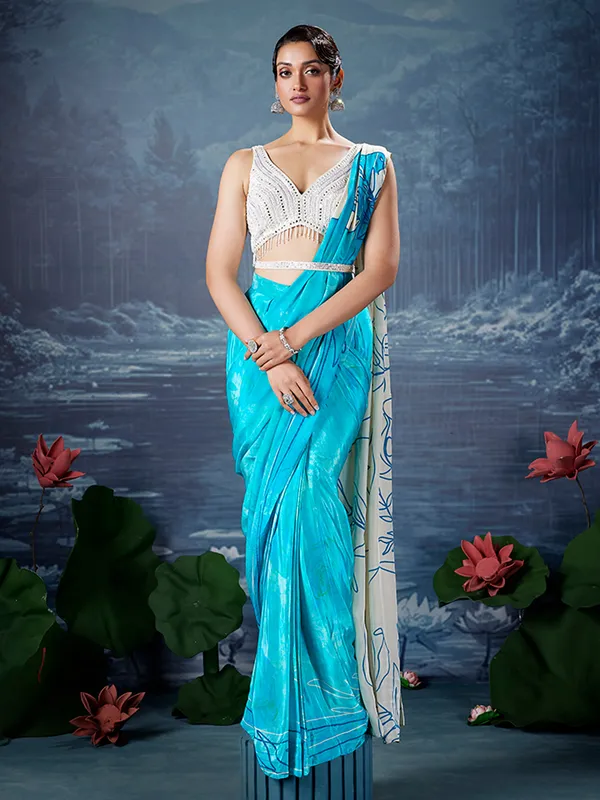 Aqua silk ready to wear saree with print
